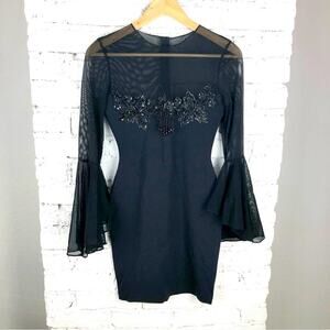 Vintage Sheer Bell Sleeve Body-con Lace Sequin Party Dress